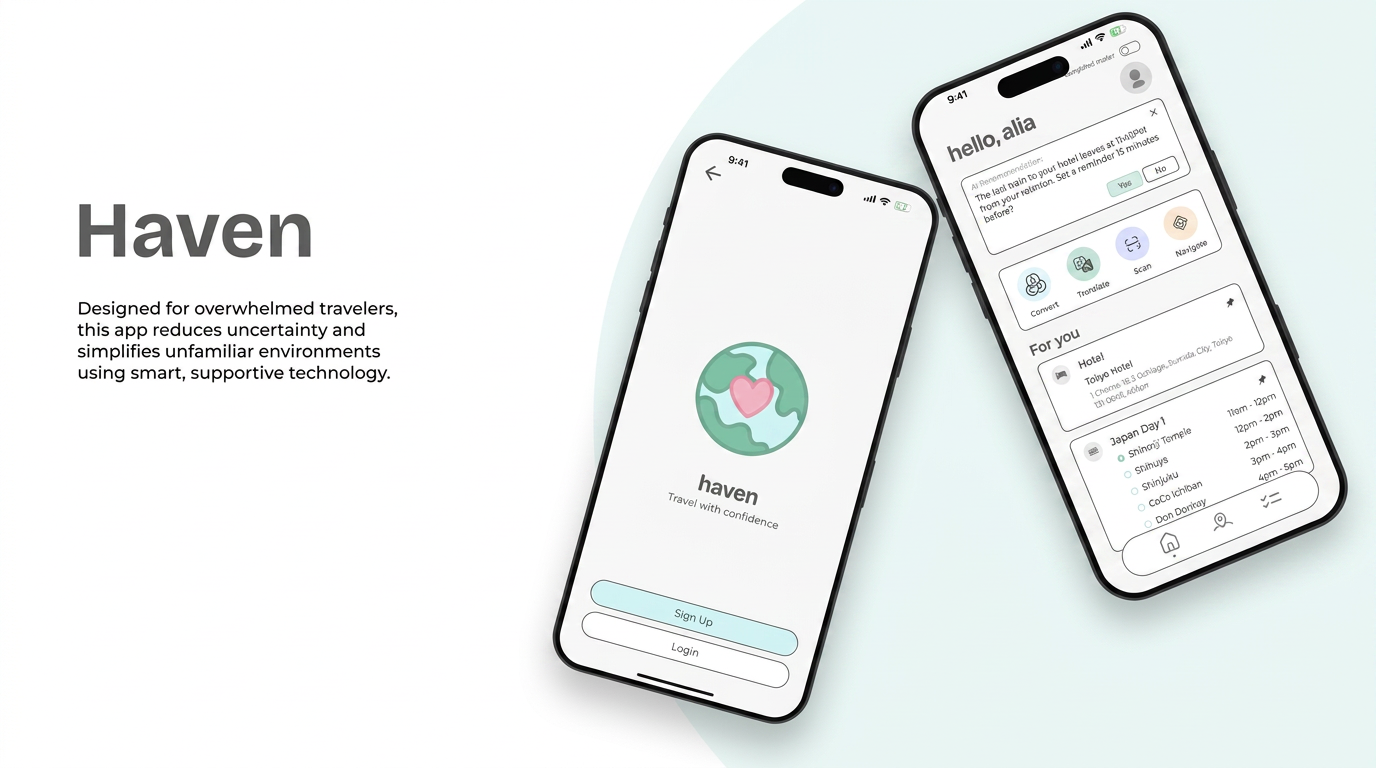 Haven cover with two iPhone mockups showing the sign-up and personalised home screens